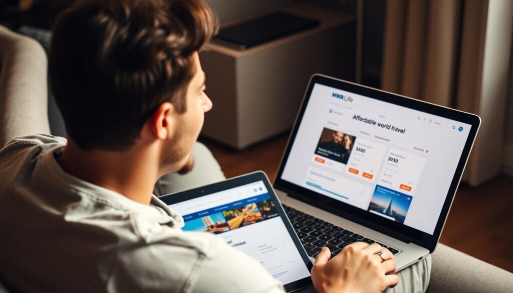 Person looking at affordable world travel guide destinations on MWR Life platform