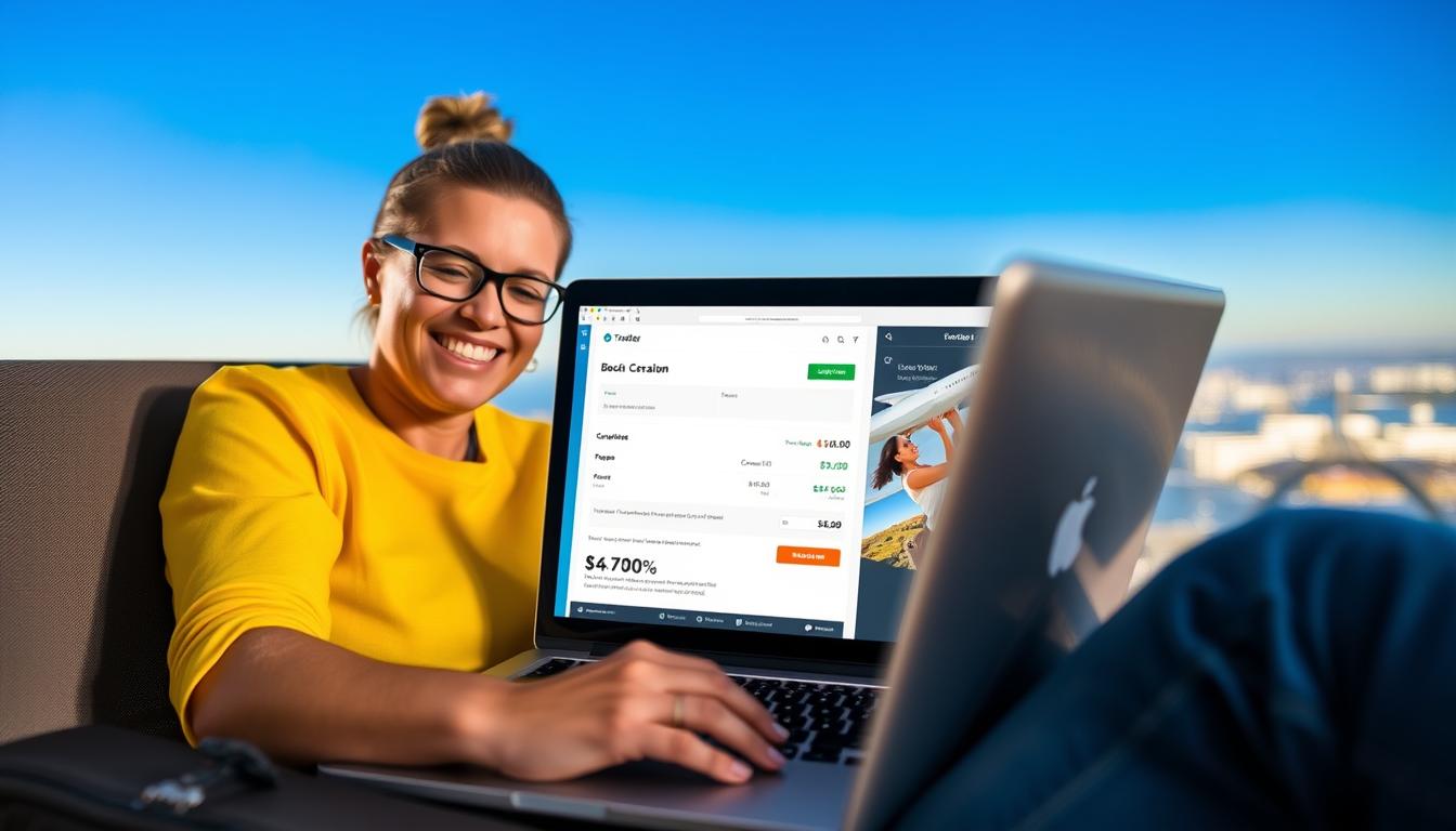 Person successfully booking travel at best price to travel using strategies from article