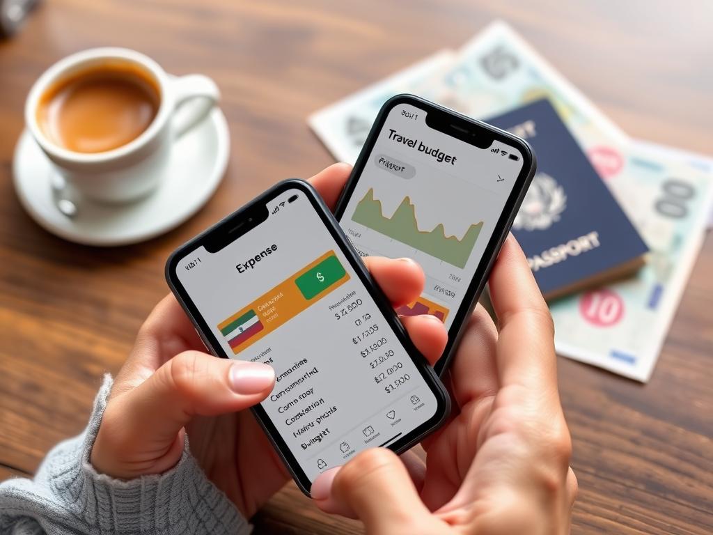 Person using smartphone app to track travel expenses Connections