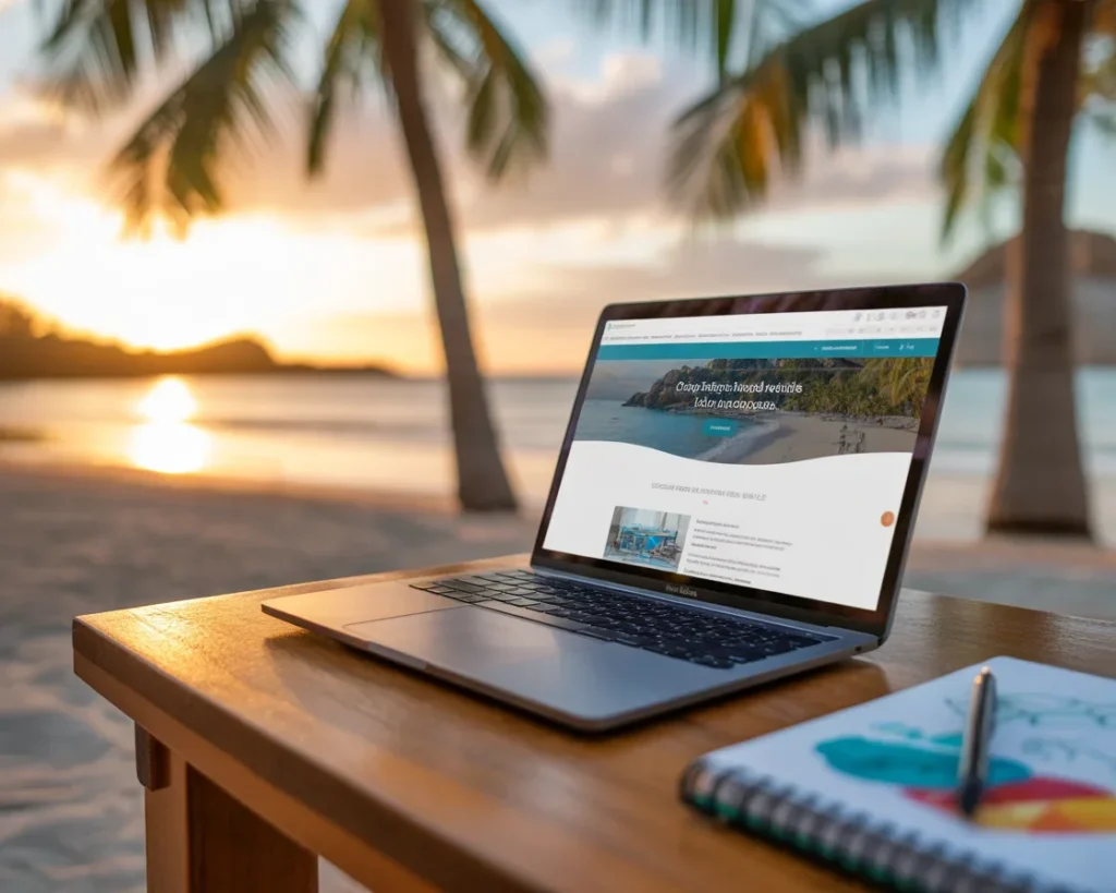 Digital nomad working during a retreat in a scenic location with fellow remote workers.